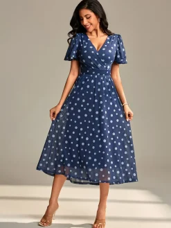 Jolie Moi Occasion Dresses|Mesh Dresses-Flutter Sleeve Mesh Midi Dress, Navy Spot
