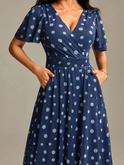 Jolie Moi Occasion Dresses|Mesh Dresses-Flutter Sleeve Mesh Midi Dress, Navy Spot