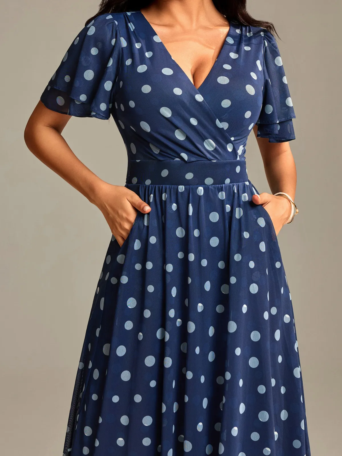 Jolie Moi Occasion Dresses|Mesh Dresses-Flutter Sleeve Mesh Midi Dress, Navy Spot