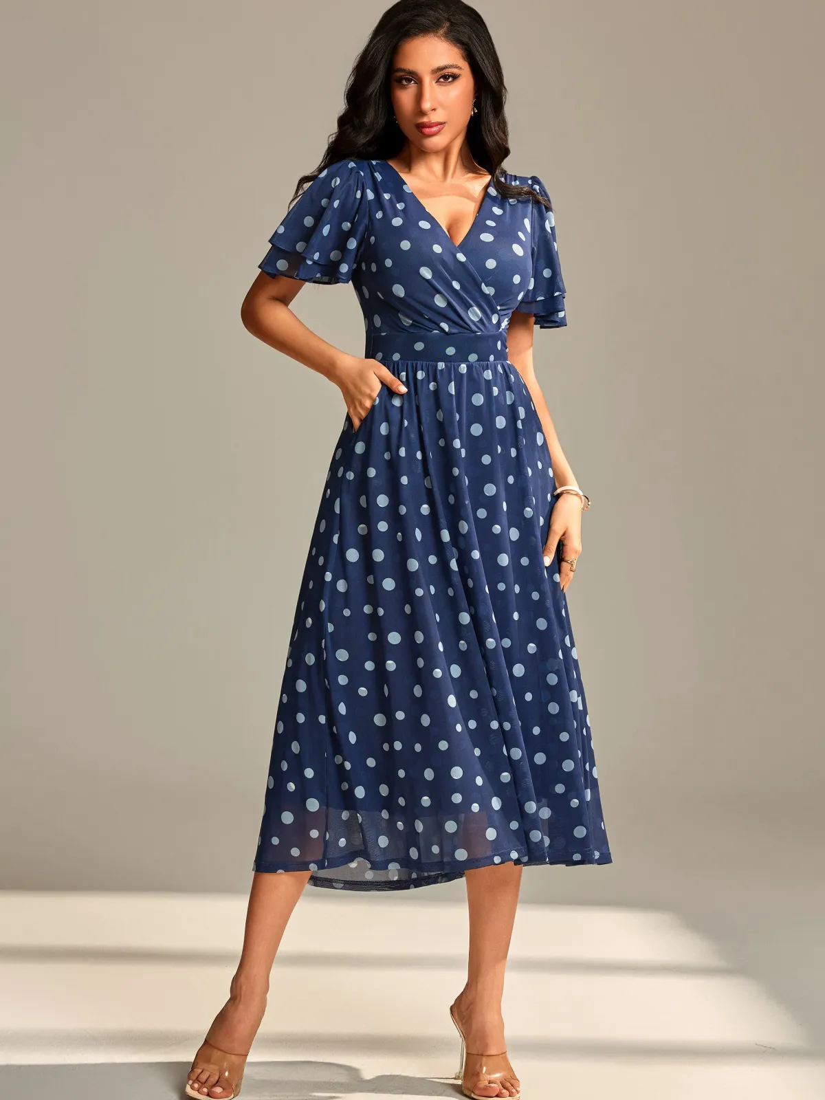 Jolie Moi Occasion Dresses|Mesh Dresses-Flutter Sleeve Mesh Midi Dress, Navy Spot