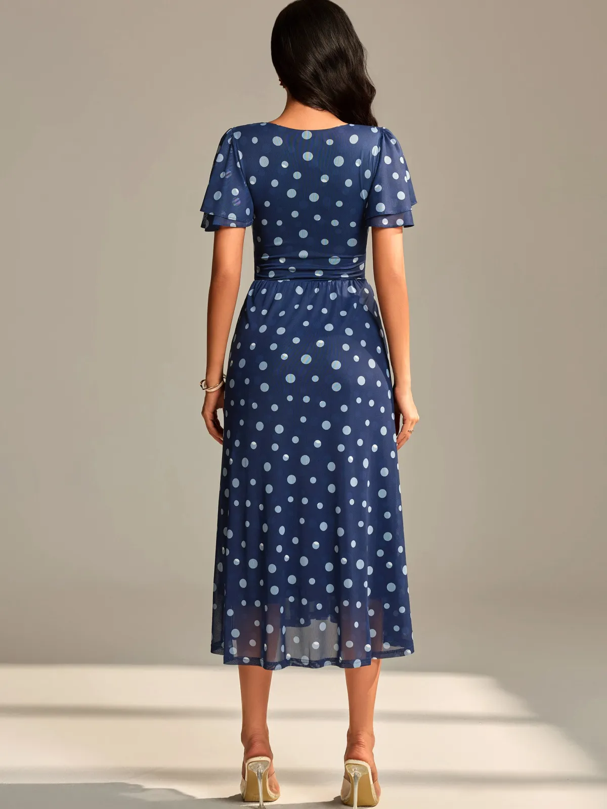 Jolie Moi Occasion Dresses|Mesh Dresses-Flutter Sleeve Mesh Midi Dress, Navy Spot