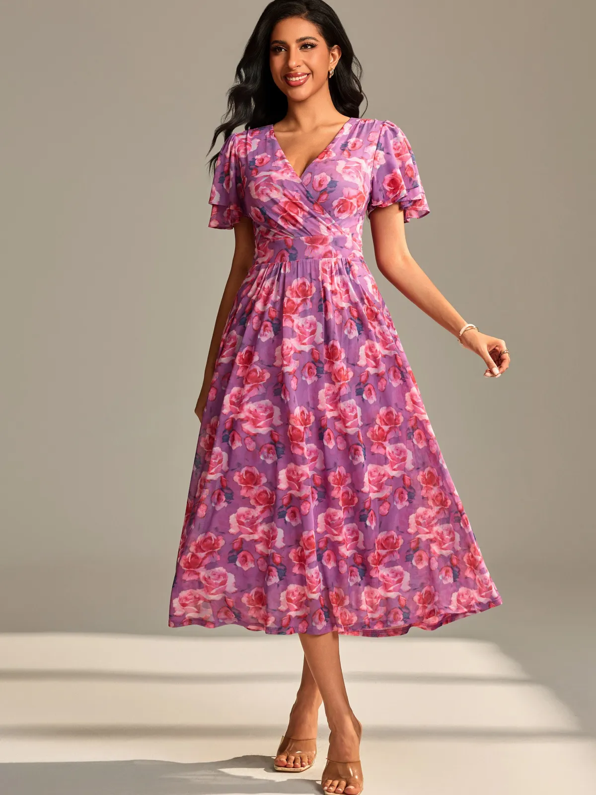 Jolie Moi Occasion Dresses|Floral Dresses-Flutter Sleeve Mesh Midi Dress, Purple floral