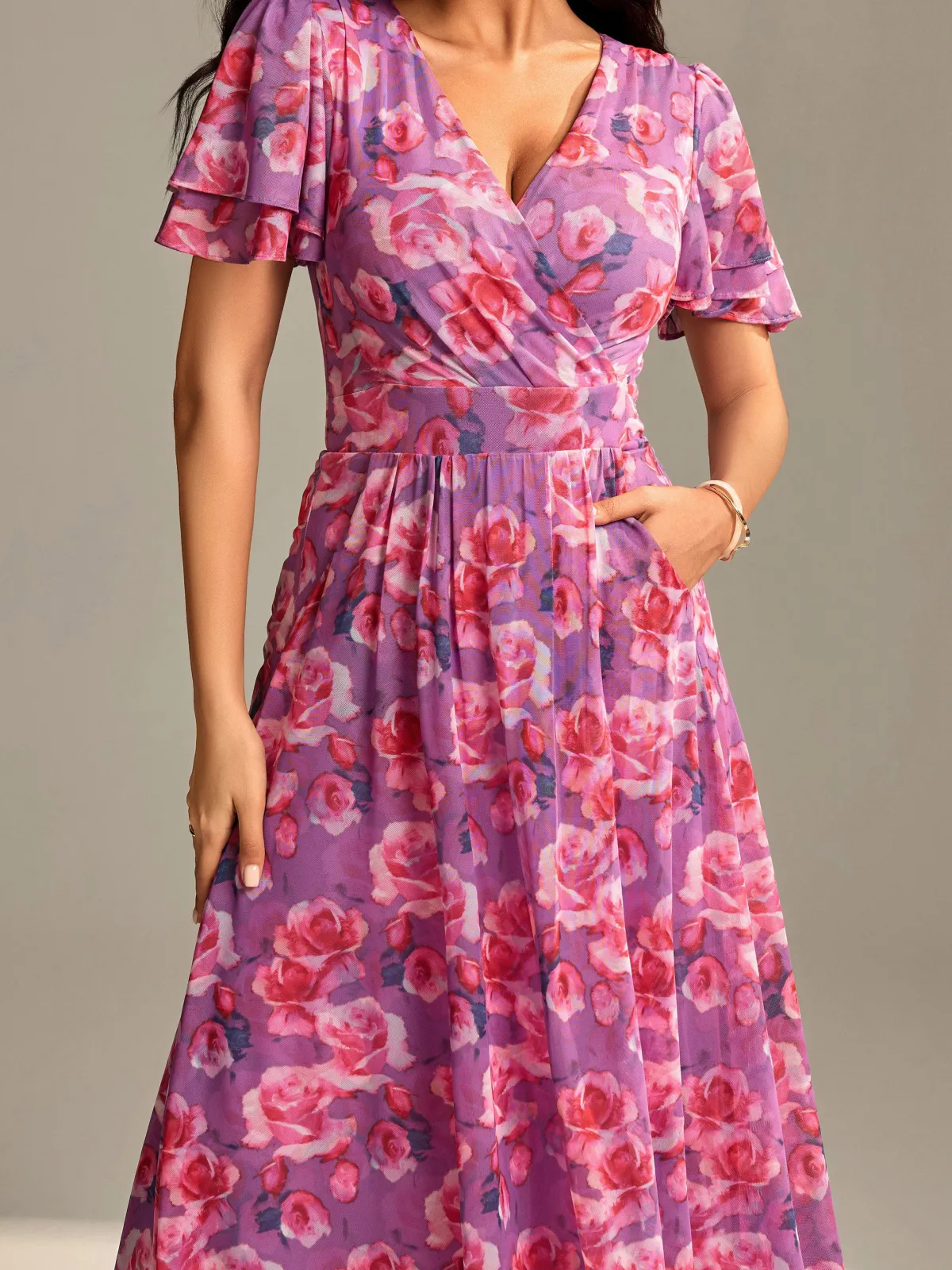 Jolie Moi Occasion Dresses|Floral Dresses-Flutter Sleeve Mesh Midi Dress, Purple floral