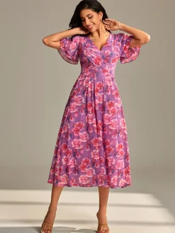 Jolie Moi Occasion Dresses|Floral Dresses-Flutter Sleeve Mesh Midi Dress, Purple floral