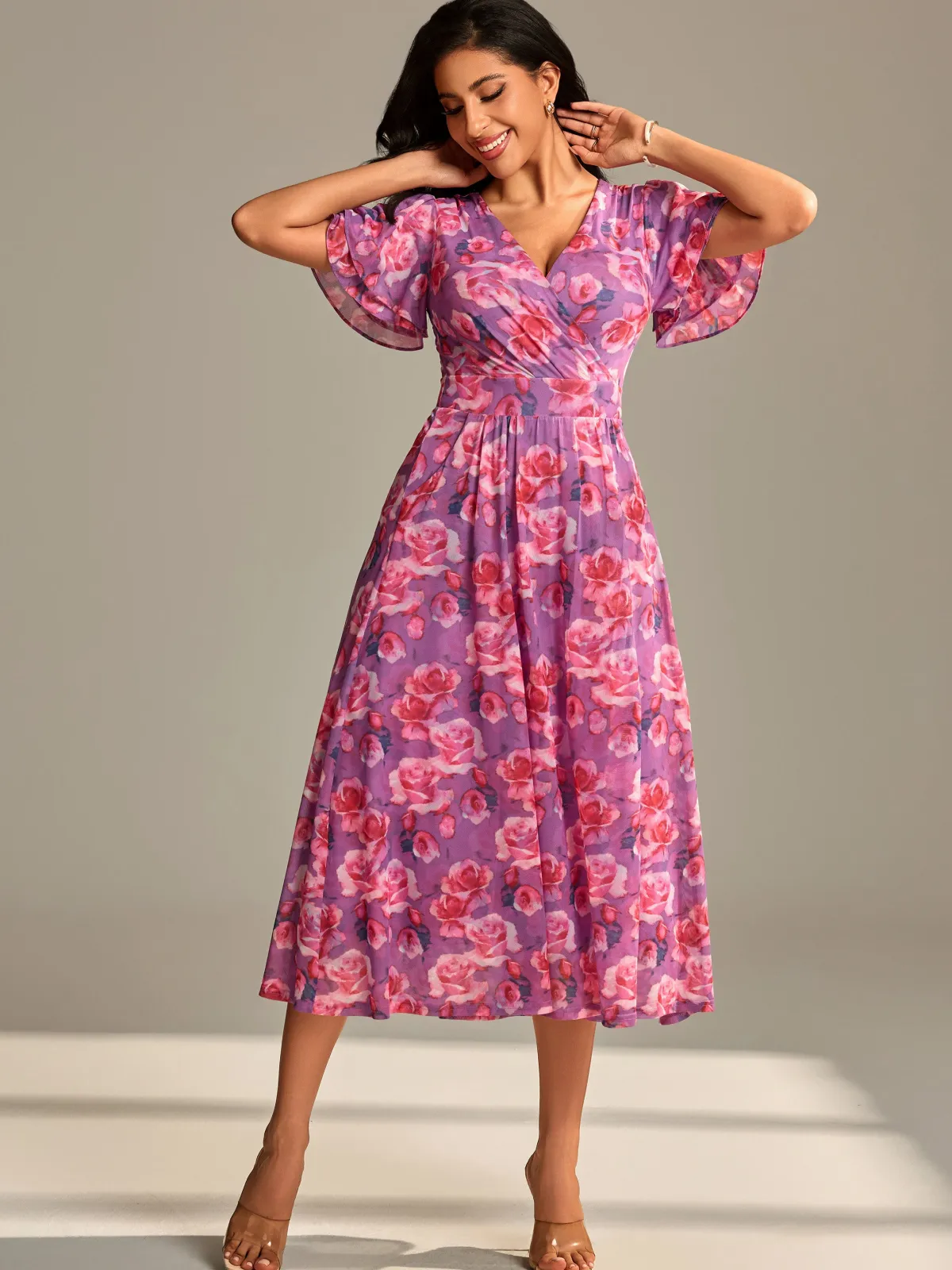 Jolie Moi Occasion Dresses|Floral Dresses-Flutter Sleeve Mesh Midi Dress, Purple floral