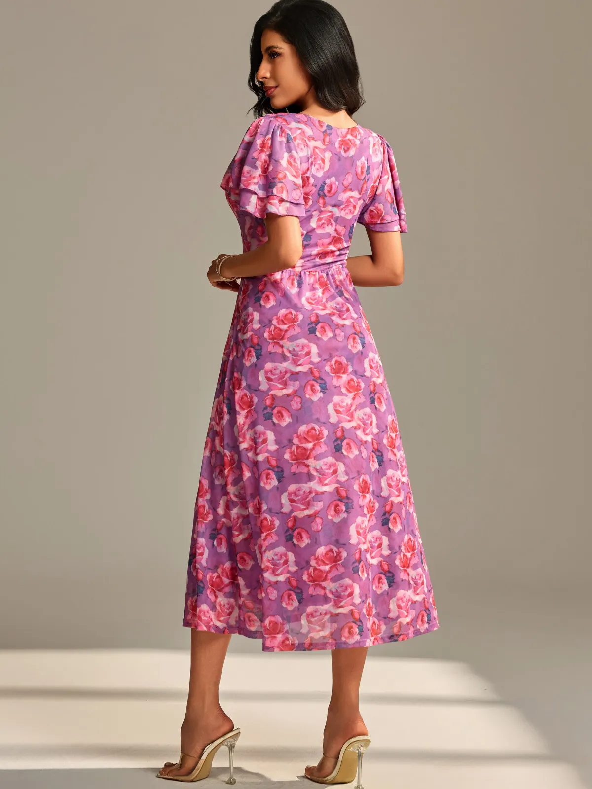 Jolie Moi Occasion Dresses|Floral Dresses-Flutter Sleeve Mesh Midi Dress, Purple floral