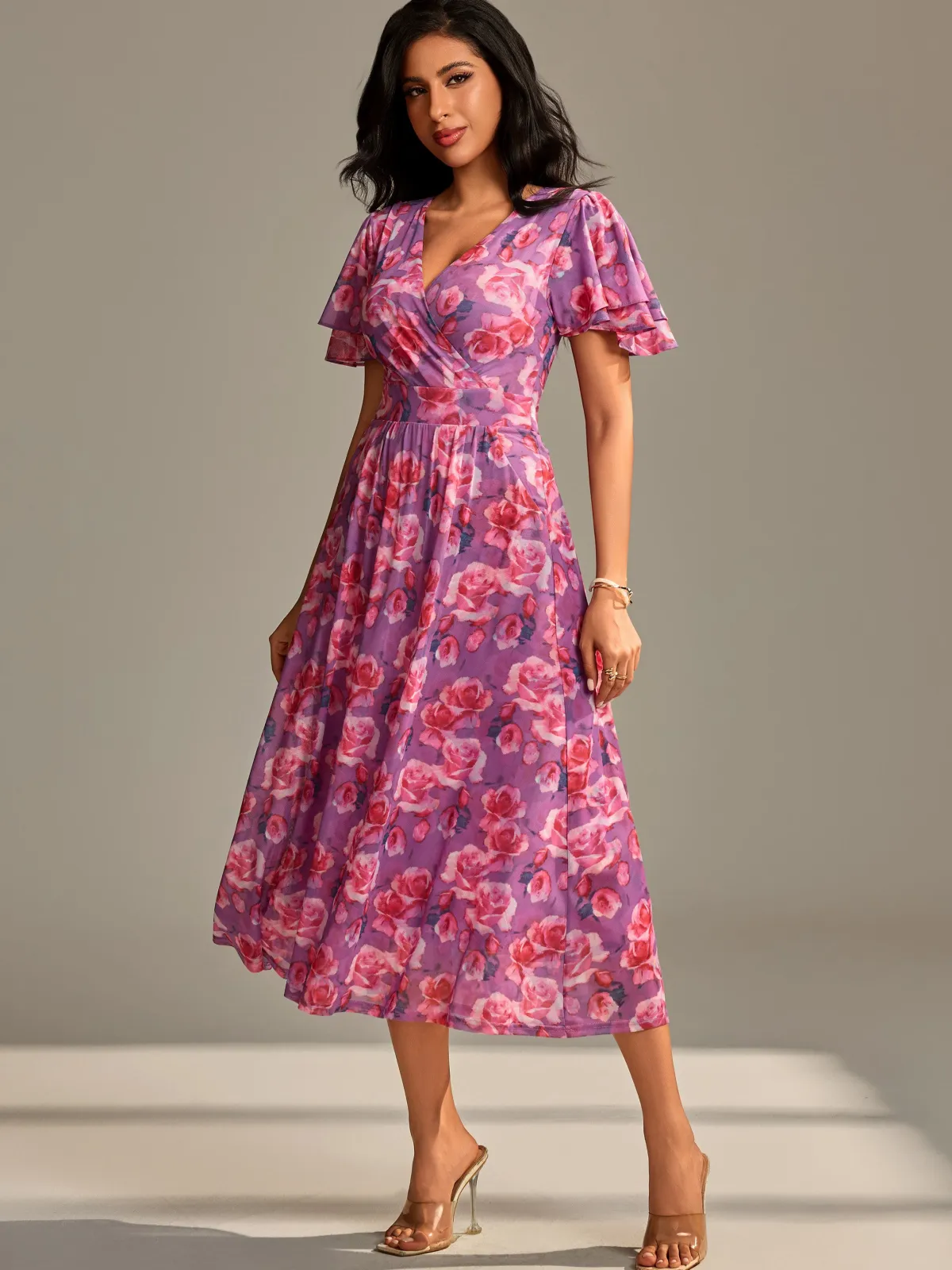 Jolie Moi Occasion Dresses|Floral Dresses-Flutter Sleeve Mesh Midi Dress, Purple floral