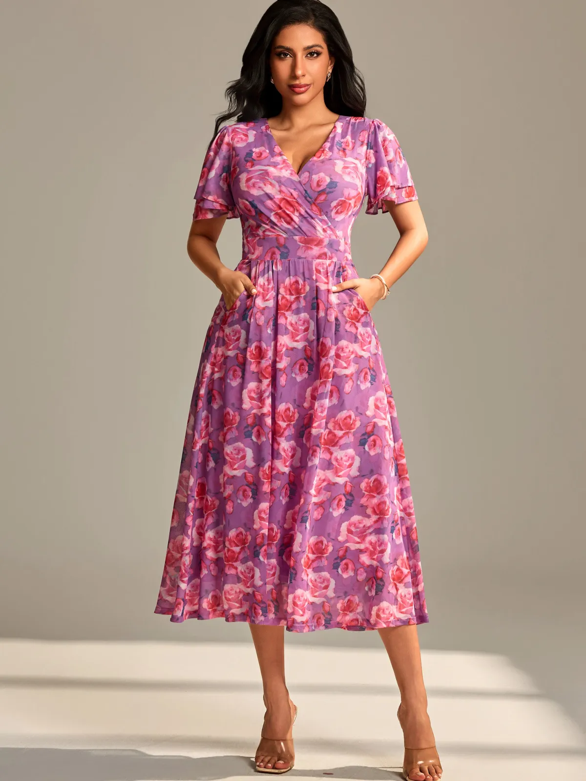Jolie Moi Occasion Dresses|Floral Dresses-Flutter Sleeve Mesh Midi Dress, Purple floral