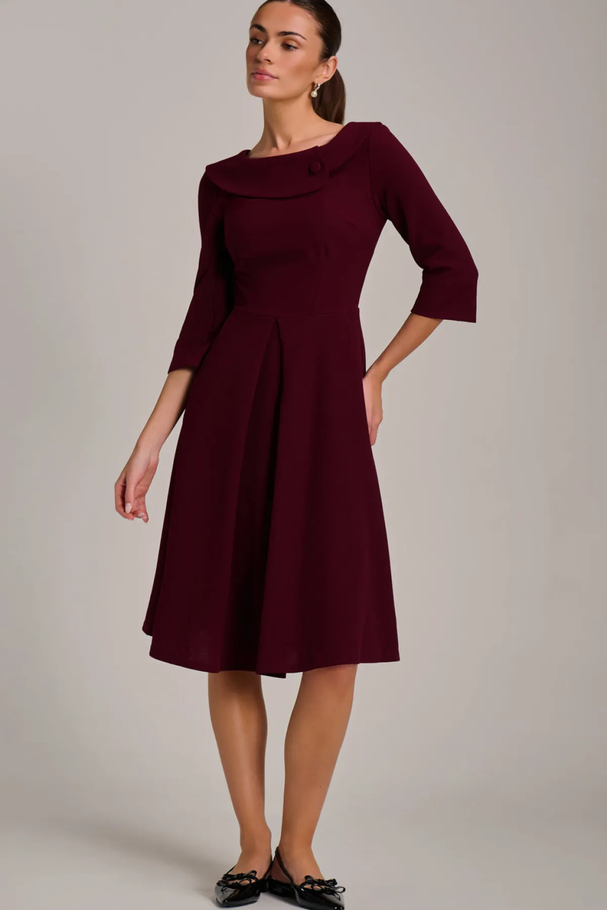 Jolie Moi Office Wear|Party Dresses-Fold Collar Button Detail Dress, Burgundy