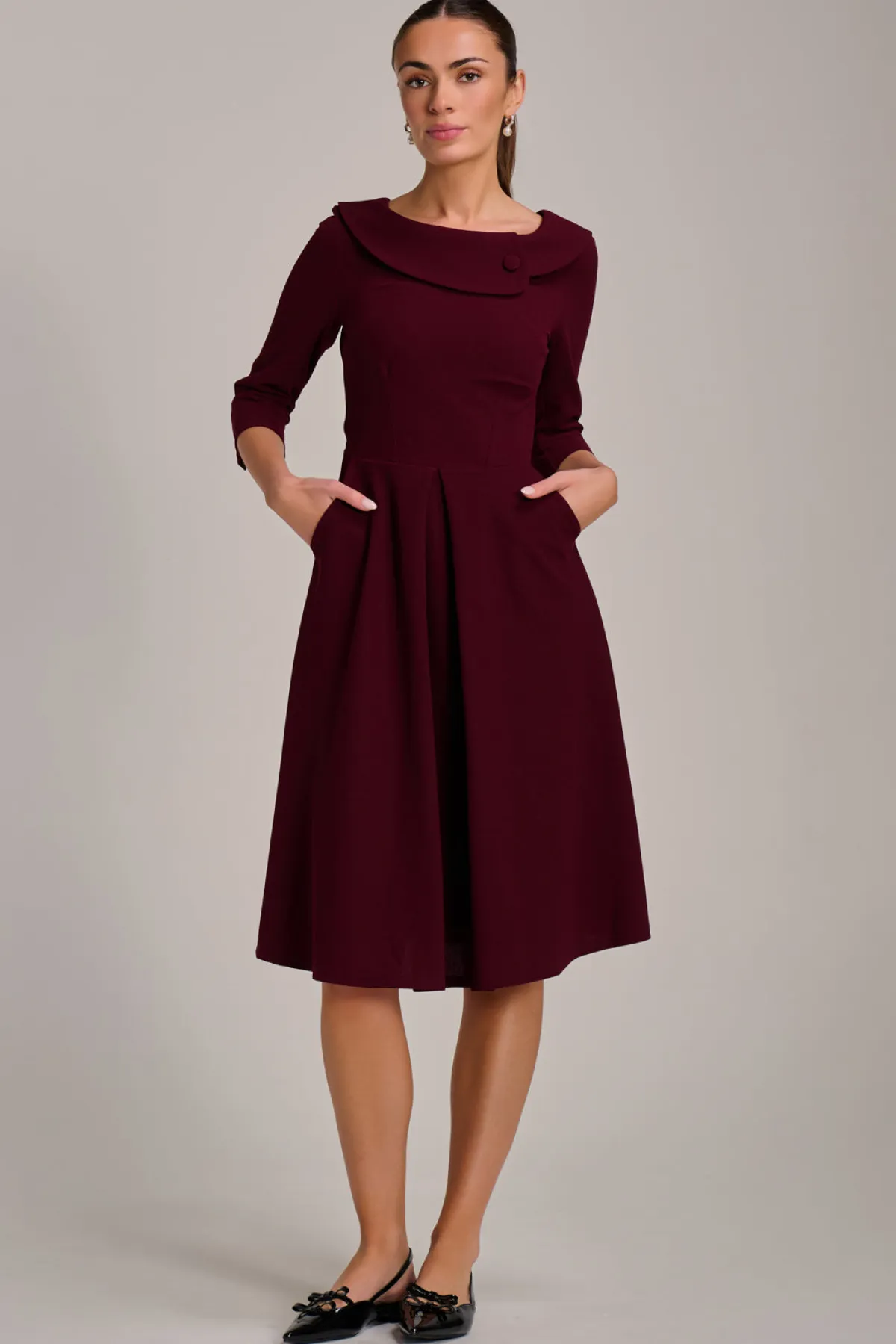 Jolie Moi Office Wear|Party Dresses-Fold Collar Button Detail Dress, Burgundy