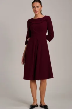 Jolie Moi Office Wear|Party Dresses-Fold Collar Button Detail Dress, Burgundy