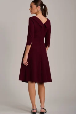 Jolie Moi Office Wear|Party Dresses-Fold Collar Button Detail Dress, Burgundy