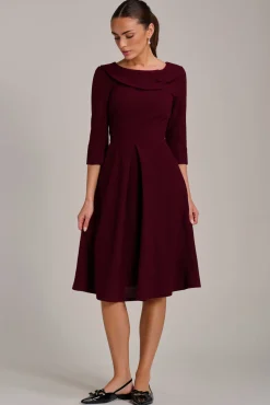 Jolie Moi Office Wear|Party Dresses-Fold Collar Button Detail Dress, Burgundy