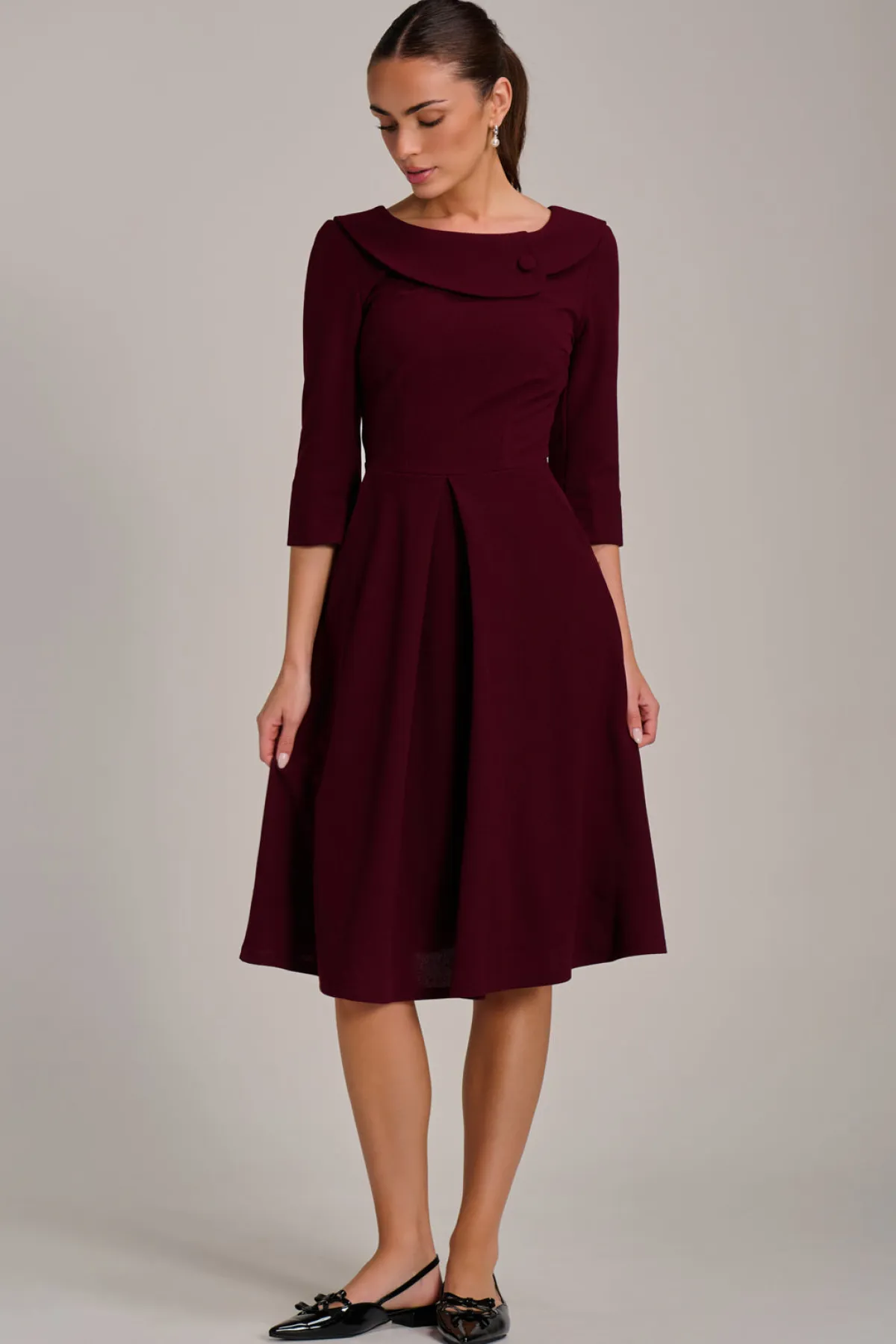 Jolie Moi Office Wear|Party Dresses-Fold Collar Button Detail Dress, Burgundy