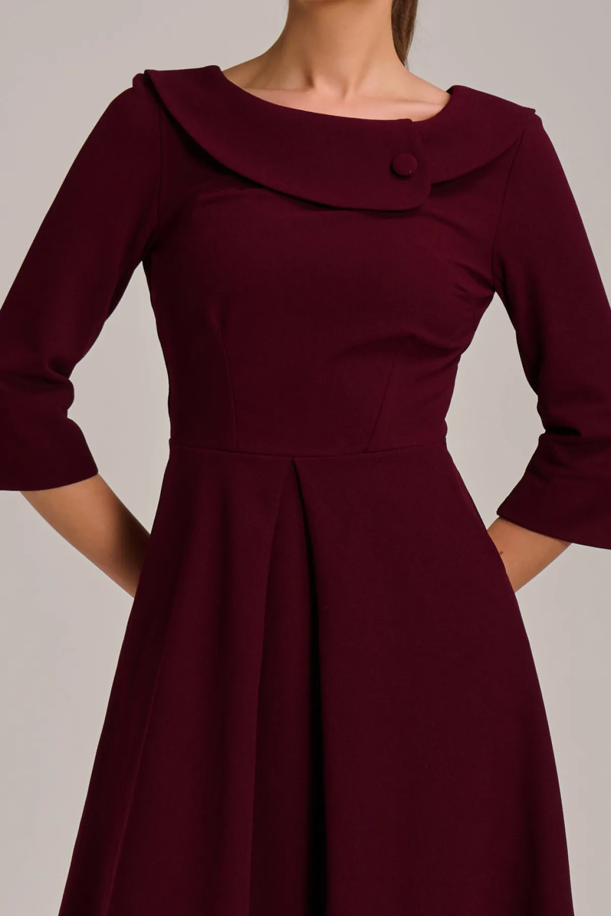 Jolie Moi Office Wear|Party Dresses-Fold Collar Button Detail Dress, Burgundy