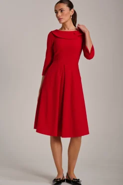 Jolie Moi Office Wear|Party Dresses-Fold Collar Button Detail Dress, Poppy Red