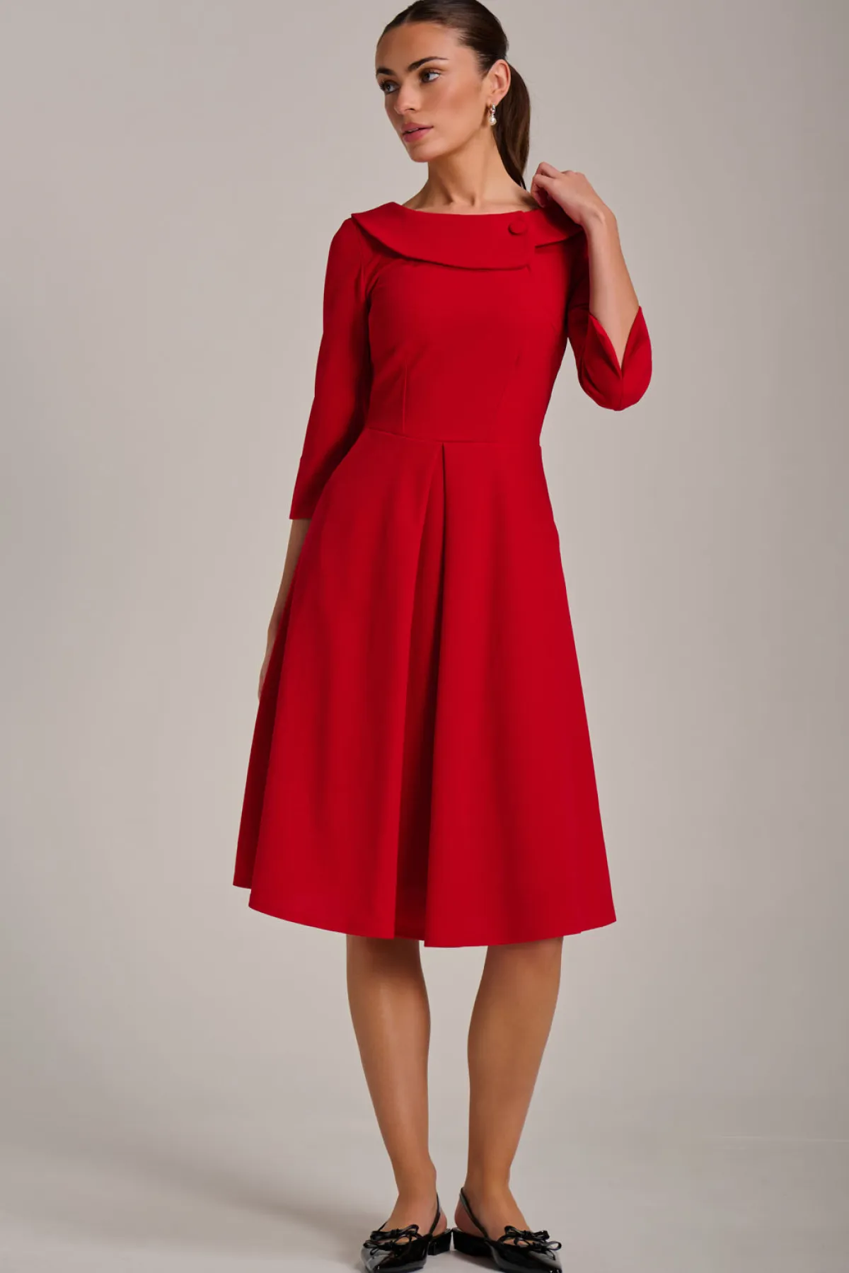 Jolie Moi Office Wear|Party Dresses-Fold Collar Button Detail Dress, Poppy Red