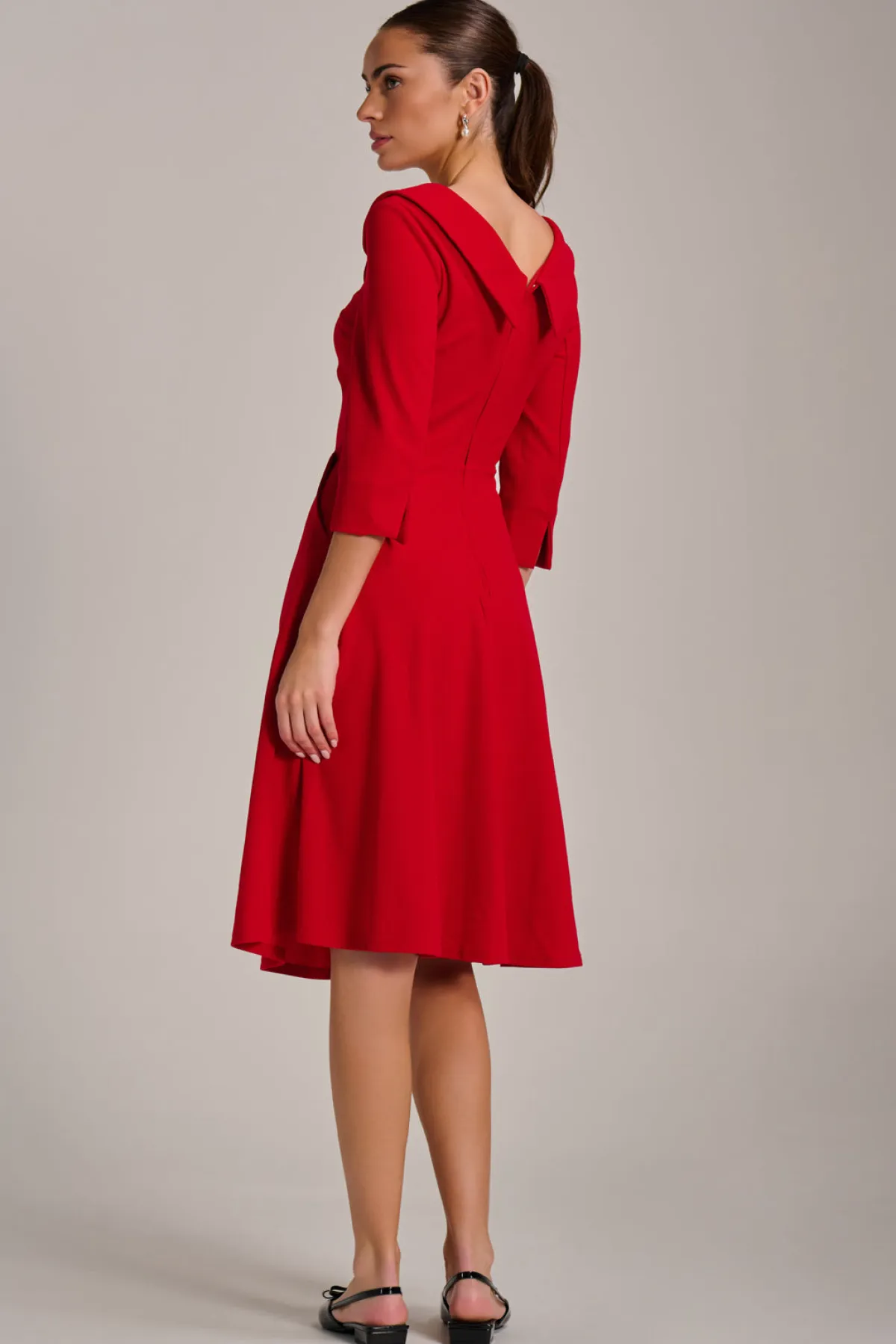 Jolie Moi Office Wear|Party Dresses-Fold Collar Button Detail Dress, Poppy Red