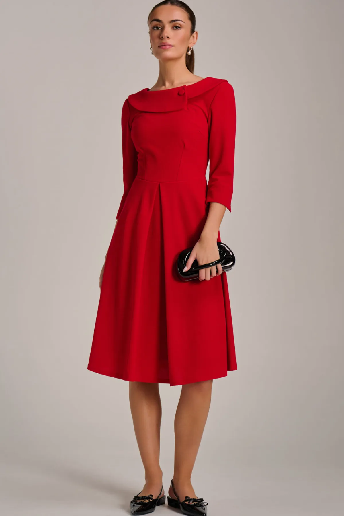 Jolie Moi Office Wear|Party Dresses-Fold Collar Button Detail Dress, Poppy Red