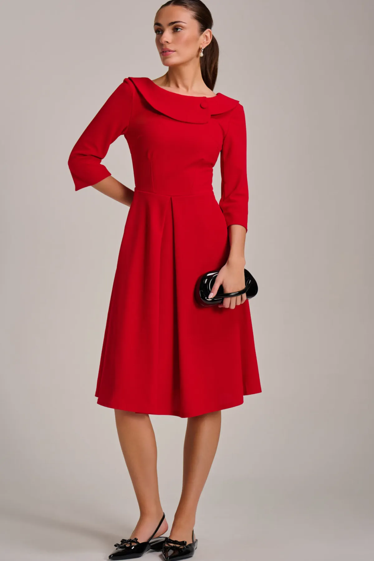 Jolie Moi Office Wear|Party Dresses-Fold Collar Button Detail Dress, Poppy Red