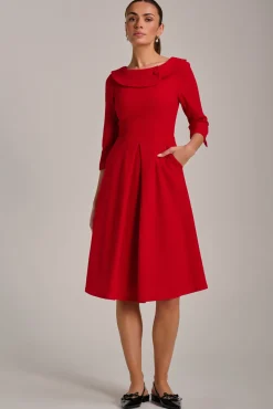 Jolie Moi Office Wear|Party Dresses-Fold Collar Button Detail Dress, Poppy Red