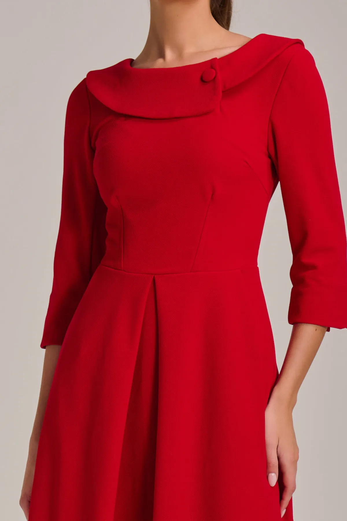 Jolie Moi Office Wear|Party Dresses-Fold Collar Button Detail Dress, Poppy Red