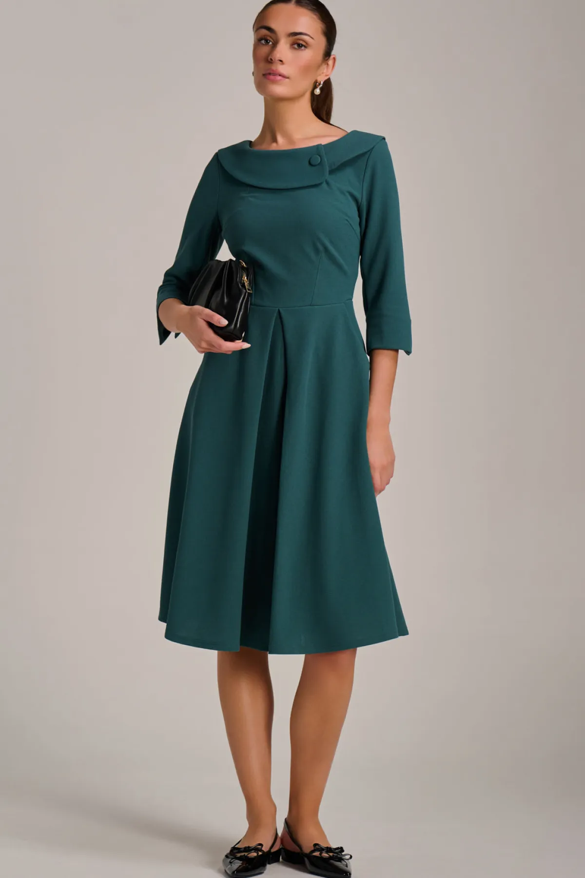 Jolie Moi Office Wear|Party Dresses-Fold Collar Button Detail Dress, Retro Green