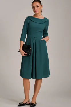 Jolie Moi Office Wear|Party Dresses-Fold Collar Button Detail Dress, Retro Green