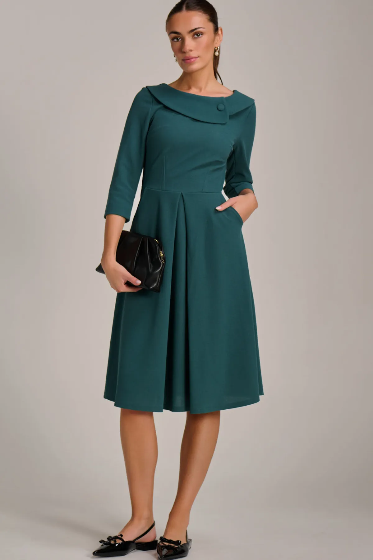 Jolie Moi Office Wear|Party Dresses-Fold Collar Button Detail Dress, Retro Green