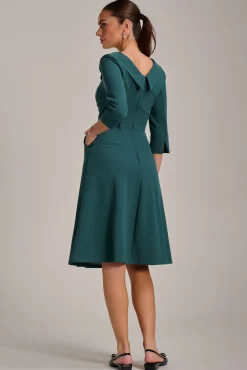 Jolie Moi Office Wear|Party Dresses-Fold Collar Button Detail Dress, Retro Green