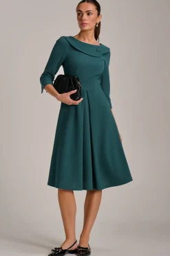 Jolie Moi Office Wear|Party Dresses-Fold Collar Button Detail Dress, Retro Green