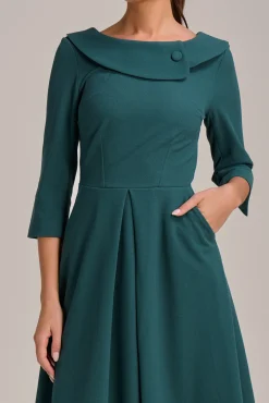 Jolie Moi Office Wear|Party Dresses-Fold Collar Button Detail Dress, Retro Green