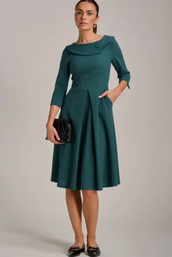 Jolie Moi Office Wear|Party Dresses-Fold Collar Button Detail Dress, Retro Green