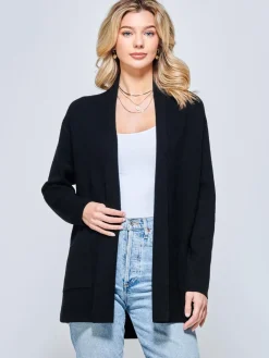 Jolie Moi Knitted Cardigan|Knitted Jumpers-Folded Collar Fine Knit Cardigan, Black
