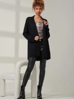 Jolie Moi Knitted Cardigan|Knitted Jumpers-Folded Collar Fine Knit Cardigan, Black