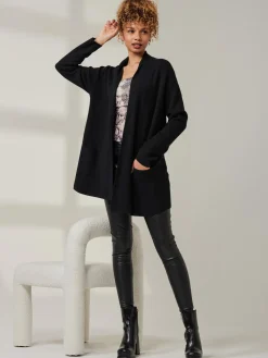 Jolie Moi Knitted Cardigan|Knitted Jumpers-Folded Collar Fine Knit Cardigan, Black