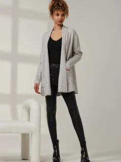 Jolie Moi Knitted Cardigan|Knitted Jumpers-Folded Collar Fine Knit Cardigan, Dove Heather