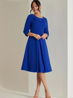 Jolie Moi Vintage Dresses-Fold Neckline Sleeved Midi Dress, Royal Blue