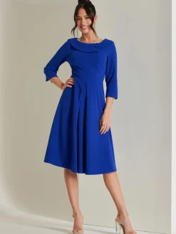 Jolie Moi Vintage Dresses-Fold Neckline Sleeved Midi Dress, Royal Blue