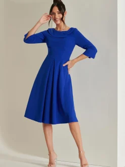 Jolie Moi Vintage Dresses-Fold Neckline Sleeved Midi Dress, Royal Blue