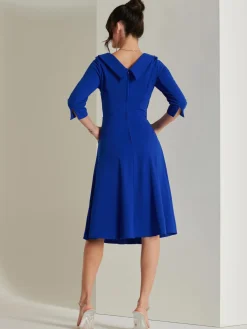 Jolie Moi Vintage Dresses-Fold Neckline Sleeved Midi Dress, Royal Blue