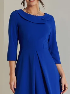 Jolie Moi Vintage Dresses-Fold Neckline Sleeved Midi Dress, Royal Blue