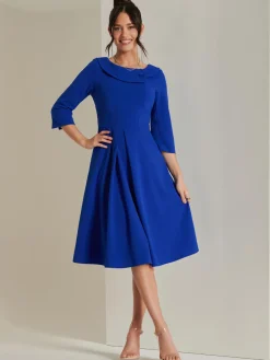 Jolie Moi Vintage Dresses-Fold Neckline Sleeved Midi Dress, Royal Blue
