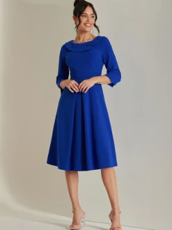 Jolie Moi Vintage Dresses-Fold Neckline Sleeved Midi Dress, Royal Blue