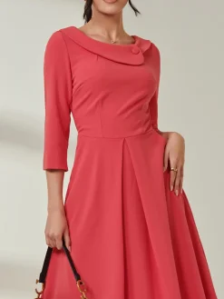 Jolie Moi Occasion Dresses|Weekend Casuals-Fold Neckline Sleeved Midi Dress, Watermelon