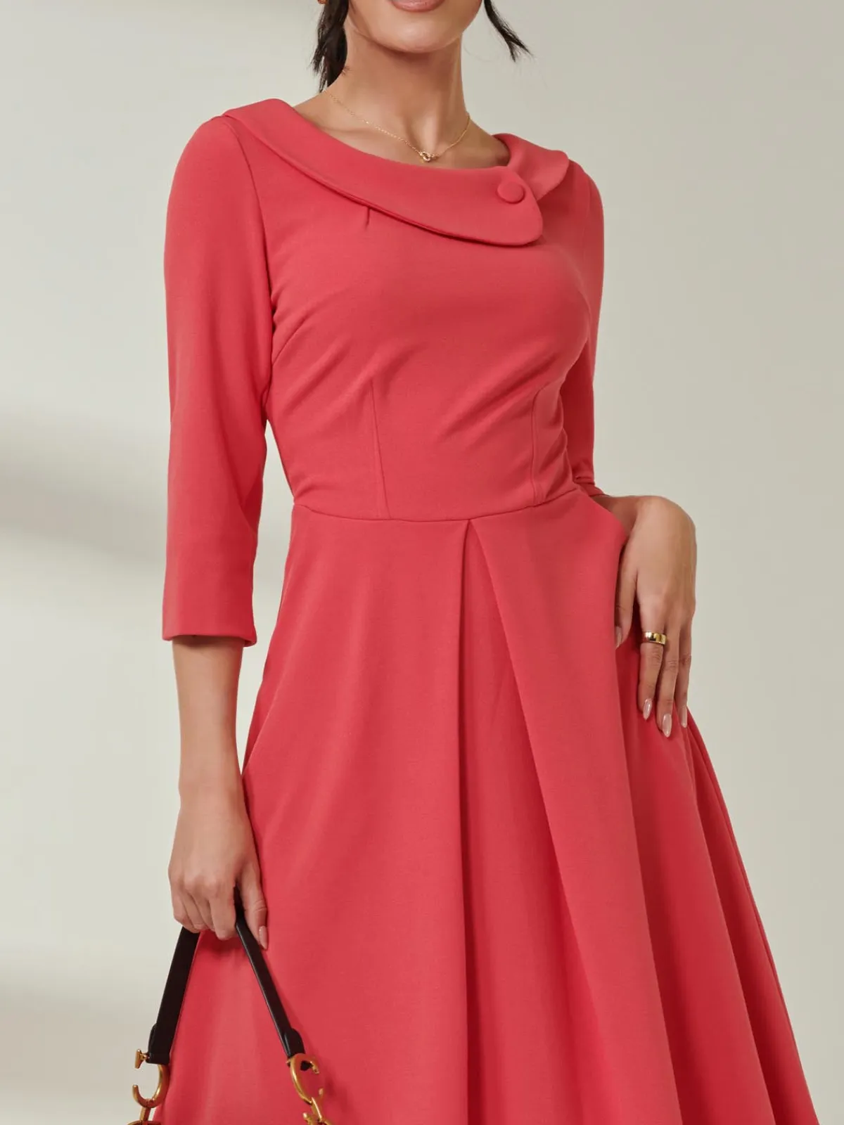 Jolie Moi Occasion Dresses|Weekend Casuals-Fold Neckline Sleeved Midi Dress, Watermelon
