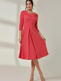 Jolie Moi Occasion Dresses|Weekend Casuals-Fold Neckline Sleeved Midi Dress, Watermelon