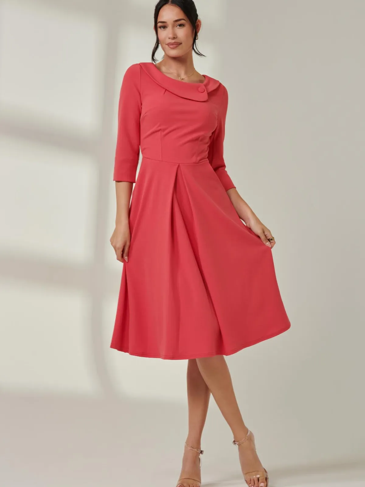 Jolie Moi Occasion Dresses|Weekend Casuals-Fold Neckline Sleeved Midi Dress, Watermelon