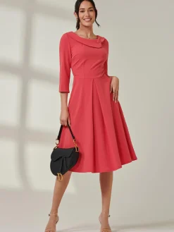 Jolie Moi Occasion Dresses|Weekend Casuals-Fold Neckline Sleeved Midi Dress, Watermelon