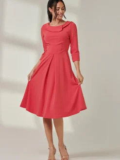 Jolie Moi Occasion Dresses|Weekend Casuals-Fold Neckline Sleeved Midi Dress, Watermelon
